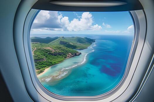 AI generated View from an airplane window with a breathtaking view of the tropical island, blue ocean and summer sky photo