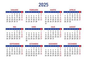 Calendar 2025 in Romanian Language, starting from Monday, Free EPS vector