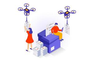 Election and voting concept in 3d isometric design. People hold elections with politicians and party supporters, flying drones with ballots. Vector illustration with isometry scene for web graphic