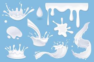 Milk splashing mega set in graphic flat design. Bundle elements of milky waves, flouring, splatters with drops, dairy products swirling and falling flow template. Vector illustration isolated objects