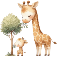 ai gegenereerd een moeder giraffe onderwijs de kalf naar eten bladeren van een hoog boom waterverf clipart.ai genereren png