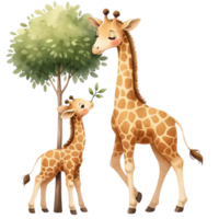 AI generated A mother giraffe teaching the calf to eat leaves from a tall tree  watercolor clipart.Ai Generate png