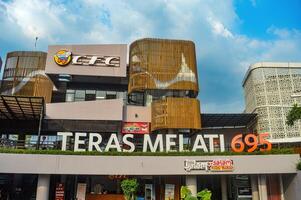 Rest area Teras Melati 695 on the Trans Java toll road, Jombang. Modern plaza building landscape, Indonesia, 23 December 2023. photo