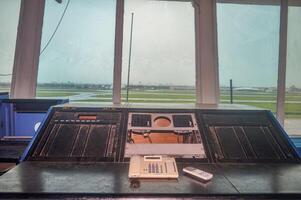 a tool called Air Traffic Control Automation ATC Automation in the ancient Air Traffic Control tower room at Juanda International Airport, Surabaya,Indonesia, 6 January 2024 photo