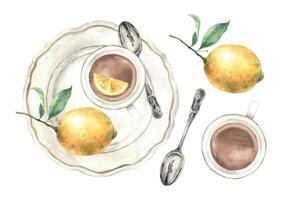 Watercolor composition, top view, of a plate, a mug with tea, a lemon and a spoon. The illustration is hand drawn on an isolated background. Drawing for menu design, packaging, poster, website,textile vector