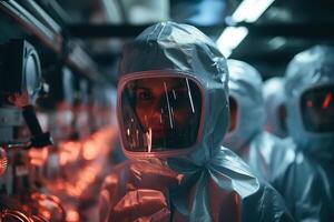 AI generated Virus pandemic or epidemic, team of scientists virologist, african american woman doctor in biochemical protection uniform and masks in laboratory photo