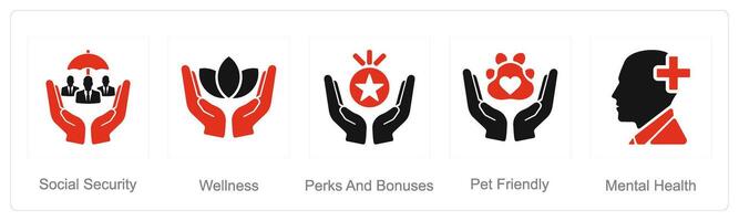 A set of 5 Employee Benefits icons as social security, wellness, perks and bounses vector