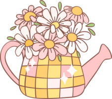 Retro Spring fkowers in water bucket groovy cartoon doodle drawing png