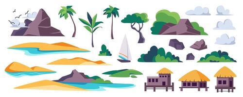 Island beach elements constructor mega set in flat graphic design. Creator kit with stone rock mountains, bungalows, sandy coasts, tropical palm trees, bushes, clouds, sailboat. Vector illustration.