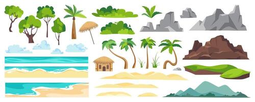 Beach landscape elements constructor mega set in flat graphic design. Creator kit with tropical palm trees, green bushes, ocean sand coasts, clouds, mountains, resort bungalow. Vector illustration.