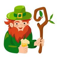 A leprechaun character with a beer mug and a stick in the leaves. A man in a green suit with a mug of foamy yellow beer. Red beard and hair sticking out from under the hat. A cute character of spring vector