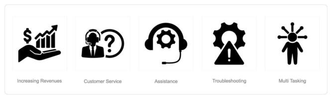 A set of 5 Customer service icons as increasing revenues, customer service, assistance vector