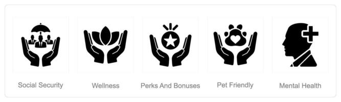 A set of 5 Employee Benefits icons as social security, wellness, perks and bounses vector