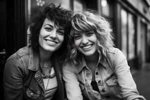 AI generated Happy rocker girlsfriends together on street, monochrome female portrait photo