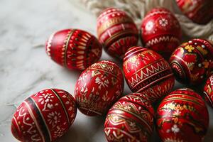 ai generado rojo Pascua de Resurrección huevos con un hermosa pintado modelo mentira en el mesa. Pascua de Resurrección antecedentes. generativo ai foto