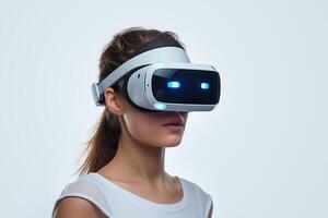 AI generated young woman wearing virtual reality headset on white background photo