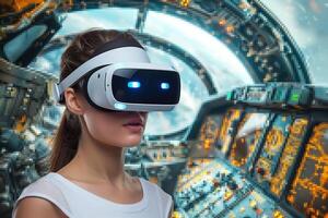 AI generated young woman immersed in gaming virtuality using virtual reality headset photo