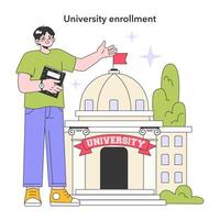 University enrollment. Student standing in front of uni building. vector