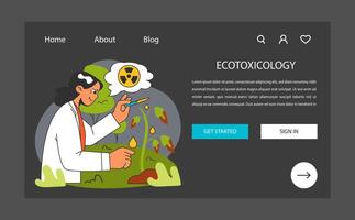 Ecotoxicology night or dark mode web banner or landing page. Scientist vector