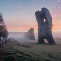 AI generated The Kelpies breathe mist at dawn shrouding the land in mystery a veil between the worlds of the living and the mythical photo