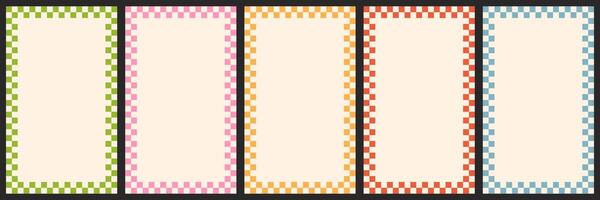 A set of groovy backgrounds and checkered posters. Templates for postcards and posters. Prisychedelic vibes of hippies and 60s and 70s. Vector illustration