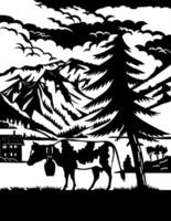 Cow in Elm Sernftal with Glarus Peaks Switzerland Swiss Scherenschnitte Paper Cut Style vector