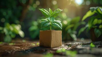AI generated A young green plant in an eco-pot on the floor, a germinating seed in a craft paper pot photo