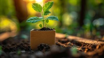 AI generated A young green plant in an eco-pot on the ground, a germinating seed in a glass at sunset photo