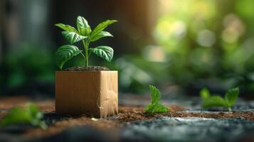 AI generated A young green plant in an eco-pot on the floor, a germinating seed in a craft paper pot photo