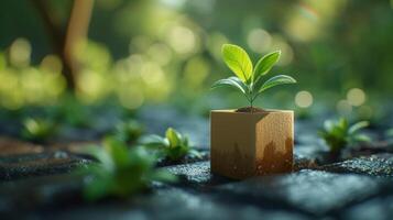 ai generado un joven verde planta en un olla ecológica en el piso, un germinando semilla en un arte papel maceta foto