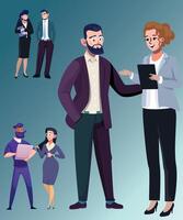 divertido empresario y mujer de negocios codirectores, creativo trabajo en equipo grupo, oficina empleados. equipo de negocio hombres y mujer caracteres en pie juntos. dibujos animados vector ilustración