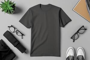 AI generated A mock-up of an empty black T-shirt with accessories on the table. lifestyle concept photo