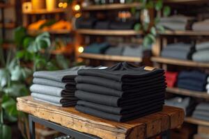 ai generado apilado negro camisetas son en el mesa en el almacenar. estilo de vida concepto foto