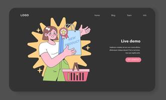 interactivo escaparate web o aterrizaje. emocionado cliente participación un 'nuevo producto' vector