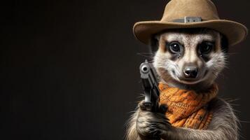 ai generado suricata en un elegante sombrero blande un arma de fuego con confianza, ai generado foto