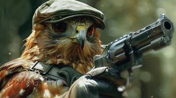 AI generated hawk in a stylish hat brandishes a firearm confidently, Ai Generated photo