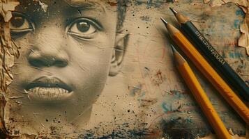 AI generated Close-up portrait of a child with pencils on a grunge background. Smiling afro-americal man. Black history Month concept. photo