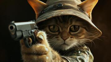 ai generado gatito en un elegante sombrero blande un arma de fuego con confianza, ai generado foto