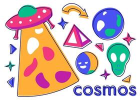 UFO, alien and planet. Set of Space Objects on a white background. The flying saucer illuminates. Pyramid and stars. Arrow and geometric shapes. Bright colors with contour lines. Retro style. Vector