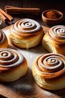 AI generated Classic cinnamon buns - sinabones on wooden stand. photo