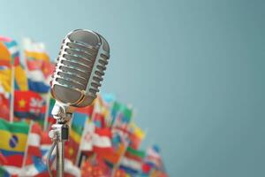 AI generated Microphone and World Flags in the concept of international music or events photo