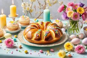 AI generated Easter bread on a smart Easter table photo