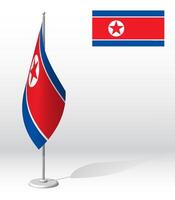 DPRK, North Korea flag on flagpole for registration of solemn event, meeting foreign guests. National independence day of North Korea. Realistic 3D vector on white