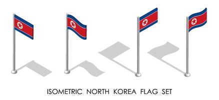 isométrica bandera de rpdc, norte Corea en estático posición y en movimiento en asta de bandera. 3d vector