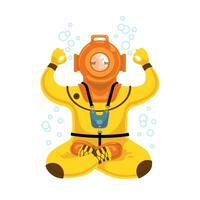 Human in ancient diving suit meditating underwater. Consept for meditation and deep relaxation. vector