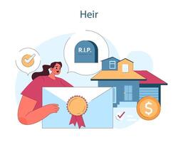 Heir. A woman is depicted with a certificate, symbolizing the legal recognition vector