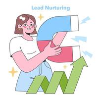 Focused woman engaging in lead nurturing. Flat vector illustration