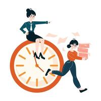 Manager directs operations as staff tackle time-sensitive tasks, symbolized by a prominent clock vector