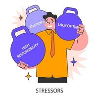 Overwhelmed businessman bending under heavy stressors. vector