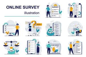 Online survey concept with character situations mega set. Bundle of scenes people giving feedback and answering in questionnaire, gilling survey list form. Vector illustrations in flat web design